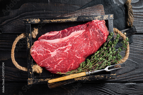 Fotografija Unccoked rump steak or raw top sirloin beef meat steak