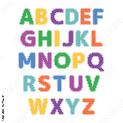 Cute Color alphabet. Hand drawing font for children. Flat isolated vector illustration. On white background