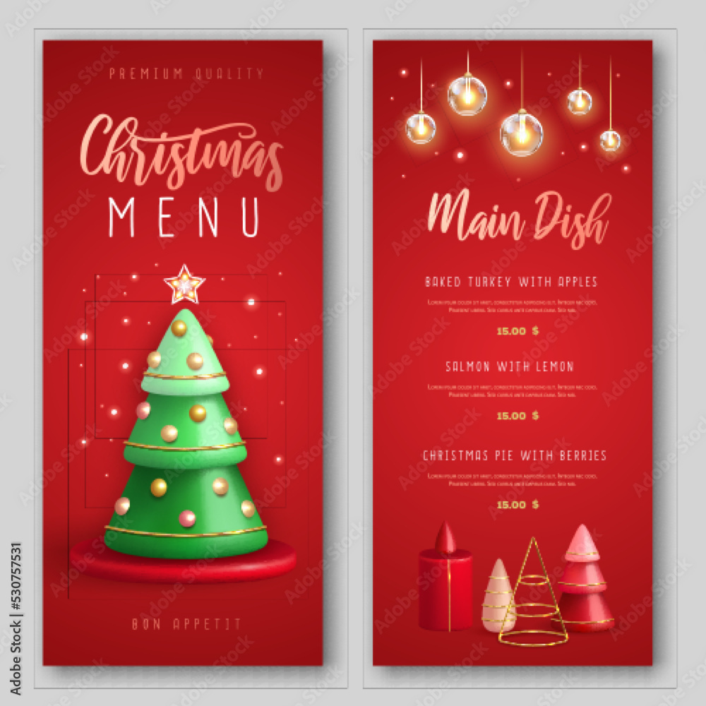 Christmas holiday restaurant menu design with realistic 3D plastic Christmas trees. Merry Christmas and Happy new Year greeting card. Vector illustration