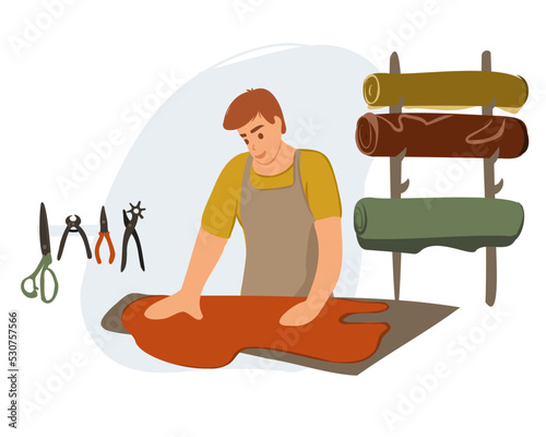 A male shoemaker cuts out details for a future product. Fashion designer, shoe repairman. Leather products with their own hands. Shoe tailoring concept. Vector illustration.