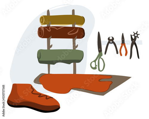 Shoe workshop. Rolls of leather. Tools for working with leather materials. The concept of tailoring shoes, bags and other leather products. Vector illustration.