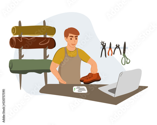 
A male cobbler gives out repaired shoes. Making an online order. Fashion designer, shoe repairman. Shoe tailoring concept. Vector illustration.