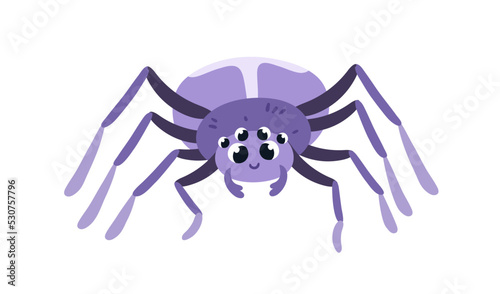 Happy cute spider with eyes and legs. Funny arachnid, childish character. Smiling comic insect with positive expression, emotion. Kids flat vector illustration isolated on white background