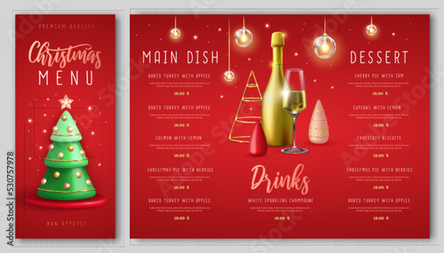 Christmas holiday restaurant menu design with realistic 3D plastic Christmas trees and champagne bottle. Vector illustration