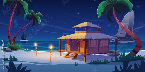 Fotografiet Beach hut or bungalow at night on tropical island, summer shack with glow window
