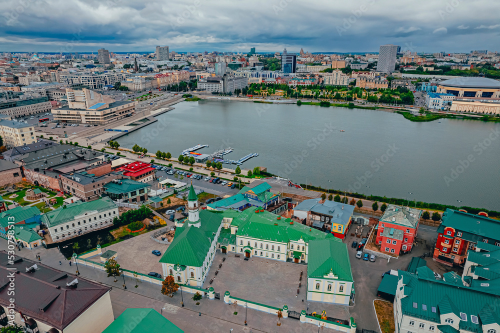 Old Tatar district. Traditional Tatar neighborhood on the shore of Lake Kaban in Kazan. A view of the Al-Marjani Mosque. Top view. 