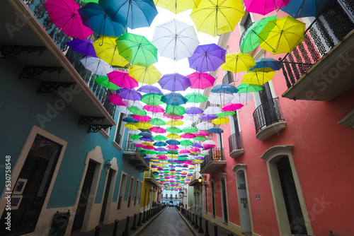 Colorful Umbrellas of downtown San Juan, Puerto Rico s capital and largest city, sits on the island's Atlantic coast. photo