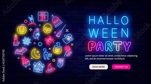 Happy Halloween party neon flyer promotion. Night club event. Circle layout with icons. Vector stock illustration
