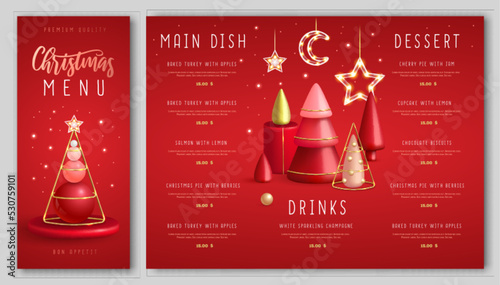 Christmas holiday restaurant menu design with realistic 3D plastic Christmas trees. Merry Christmas and Happy new Year greeting card. Vector illustration