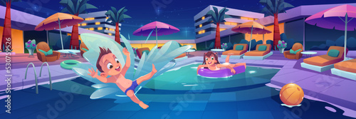 Kids swim and play in pool in luxury hotel. Summer landscape of swimming pool with happy boy jumping in water, girl on inflatable mattress in evening, vector cartoon illustration