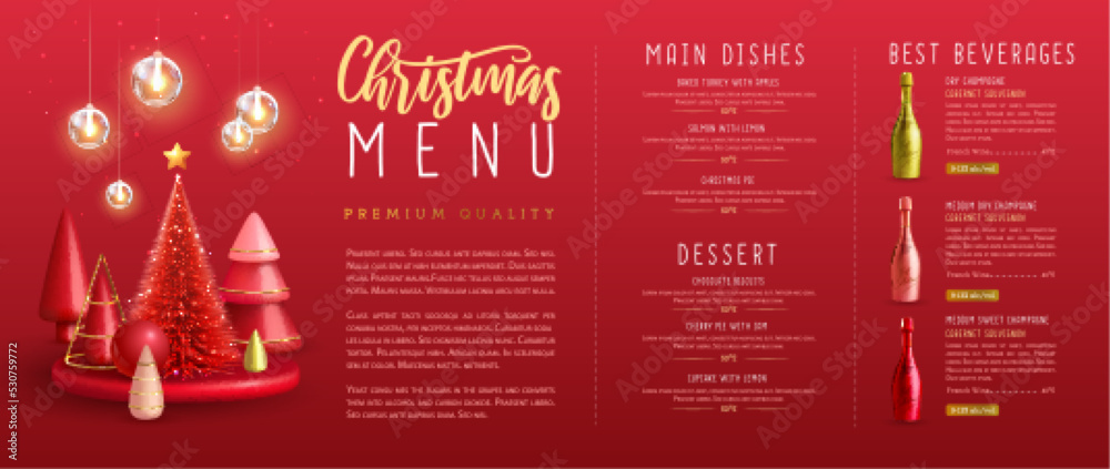 Christmas holiday restaurant menu design with realistic 3D plastic Christmas trees and champagne bottle. Vector illustration