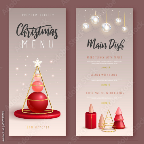 Christmas holiday menu design with realistic 3D plastic Christmas trees. Merry Christmas and Happy new Year greeting card. Vector illustration