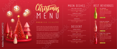 Christmas holiday restaurant menu design with realistic 3D plastic Christmas trees and champagne bottle. Vector illustration