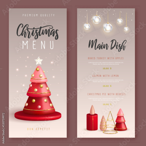 Christmas holiday restaurant menu design with realistic 3D plastic Christmas trees. Merry Christmas and Happy new Year greeting card. Vector illustration