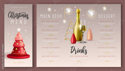 Christmas holiday restaurant menu design with realistic 3D plastic Christmas trees and champagne bottle. Vector illustration