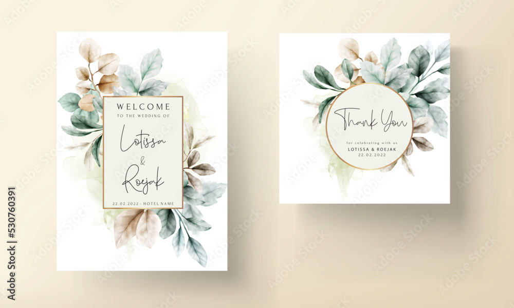 elegant wedding invitation card watercolor leaves with sage color