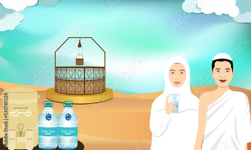Hajj and Umrah pilgrims drink Zamzam water (Muslim holy water) in ihram clothes photo