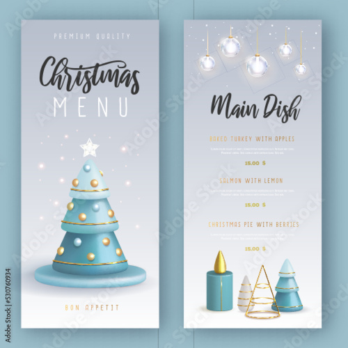 Christmas holiday restaurant menu design with realistic 3D plastic Christmas trees. Merry Christmas and Happy new Year greeting card. Vector illustration