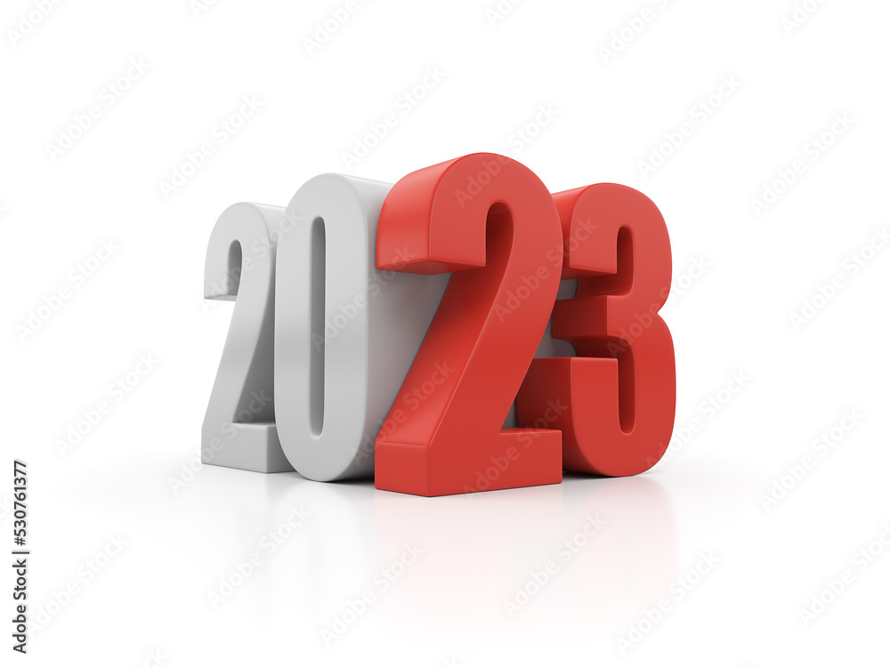 Red and white inscription 2023 isolated on white background. Illustration for advertising. 3D rendering. Red and white inscription 2023 isolated on white background. Illustration for advertising. 3D rendering.