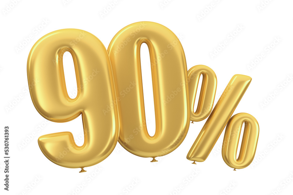 Golden percent balloons on an isolated white background. 3d render illustration. Ninety percent. Golden percent balloons on an isolated white background. 3d render illustration. Ninety percent.