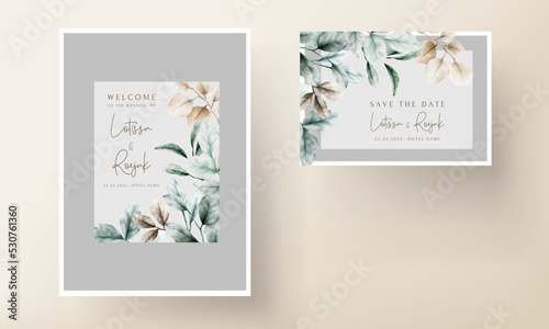 elegant wedding invitation card watercolor leaves with sage color
