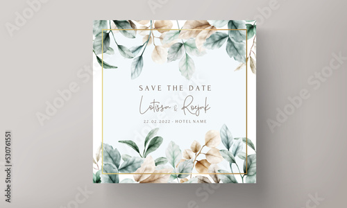 elegant wedding invitation card watercolor leaves with sage color