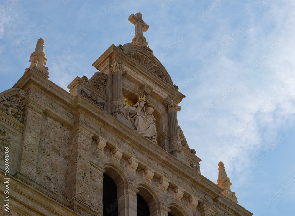 Statue of Blessed Virgin Mary with the Jesus above the entrance of the Basilica of the Assumption of Our Lady, Marija Bistrica, Croatia