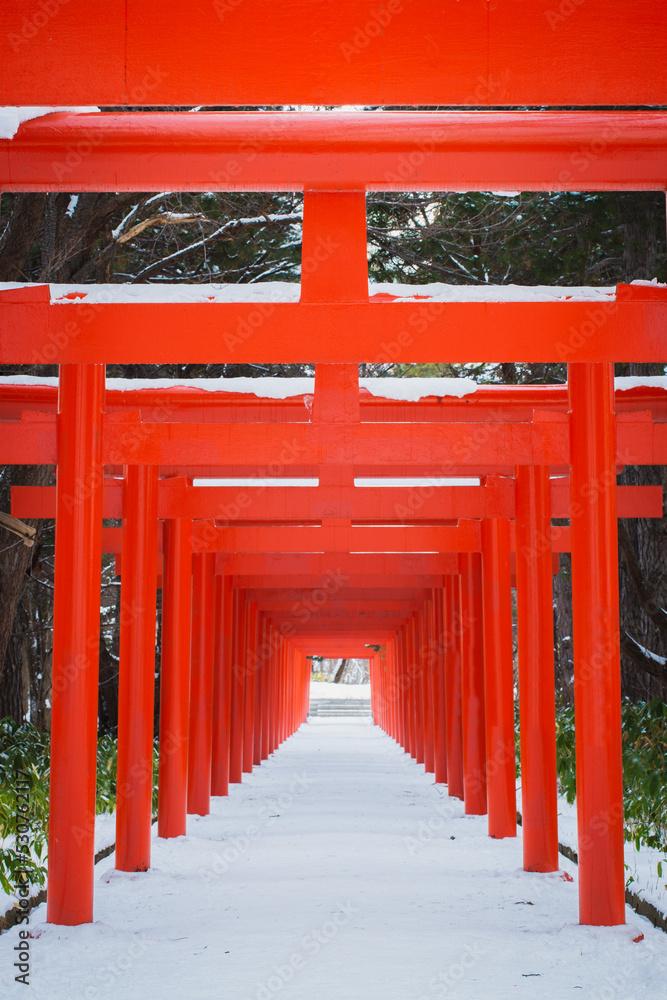 Red wooden Torii Gate at Fushimi Inari Shrine in winter snow.  Sapporo, Hokkaido, Japan
