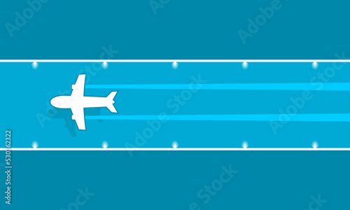 White airplane travel flying take off on blue runway flat vector design.