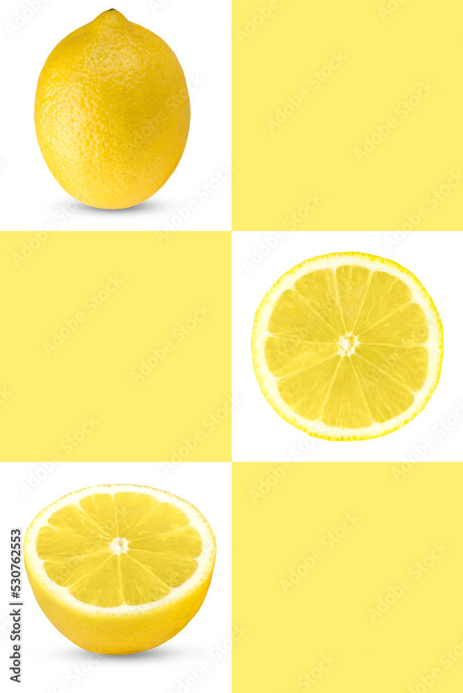 Half, whole and piece of lemon isolated on white background with copy space.