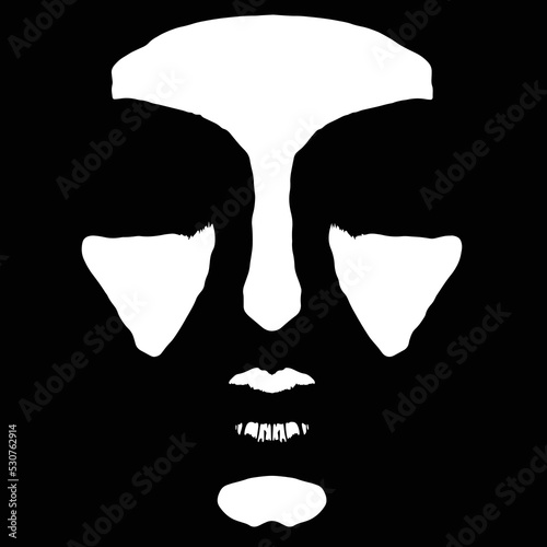 Abstract woman face silhouette illustration. Beauty, fashion, abstract concept. Black and white part of woman face in black shadow background with copy space