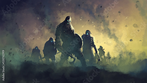 Zombie warriors in armor stand on a hill with axes and poleaxes ready for battle. 2d illustration photo