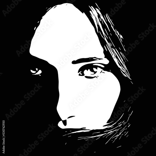 Fashion, style, beauty and make-up concept. Abstract beautiful woman face silhouette illustration. Close-up model portrait. Minimalistic and abstract style. Girl looking to camera with seductive look