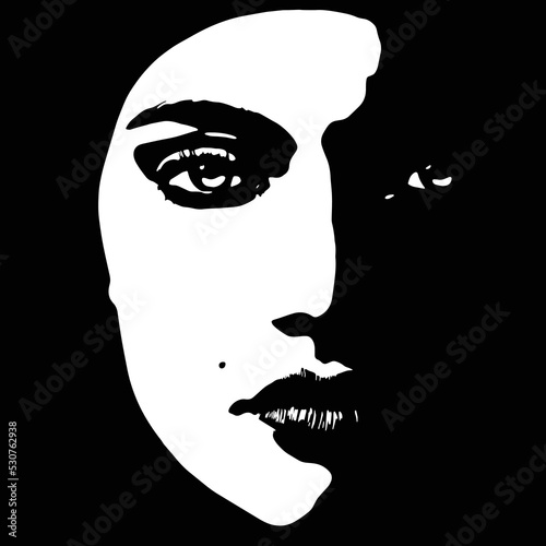 Fashion, style, beauty and make-up concept. Abstract beautiful woman face silhouette illustration. Close-up model portrait. Minimalistic and abstract style. Girl looking to camera with seductive look