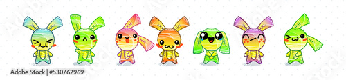 Raimbow Rabbits. Emoticons, doodle faces, eyes and mouth. Caricature comic expressive emotions, smiling, crying and surprised character face expressions