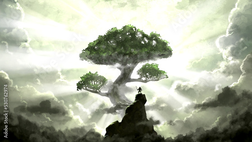 Viking adventurer discovered a giant tree - yggdrasil and looks at it from a cliff against the backdrop of sunlight. 2d illustration photo