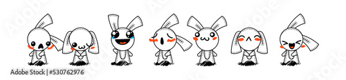 Outline Cartoon Rabbits. Emoticons, doodle faces, eyes and mouth. Caricature comic expressive emotions, smiling, crying and surprised character face expressions