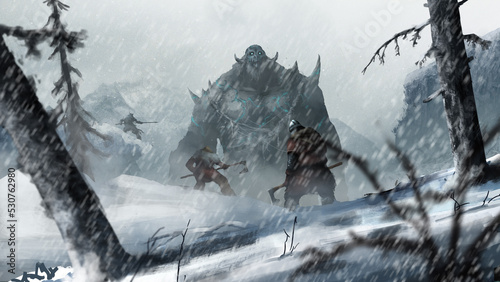 A giant troll stands in the distance, the warriors surround him, ready to attack. Winter landscape. 2d illustration photo