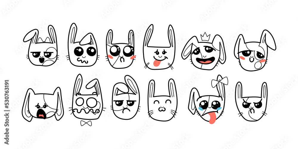 Cute Kawai rabbits. Different expression muzzles bunnies in doodle style. Angry, cheerful, joyful, happy, sick, love, suspicious, playful, laughing kawaii hare Cute Kawai rabbits. Different expression muzzles bunnies in doodle style. Angry, cheerful, joyful, happy, sick, love, suspicious, playful, laughing kawaii hare