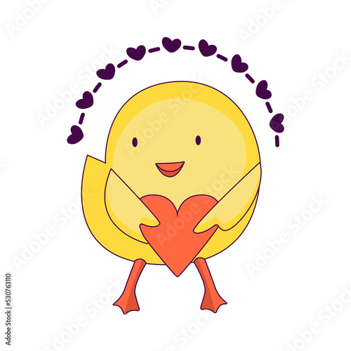a cute little chicken in the role of a man. new trends in depicting people's lives through simple and funny forms. The chick holds the heart