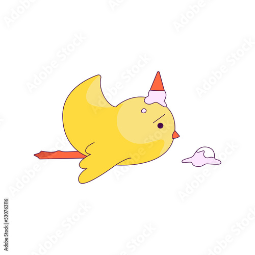 a cute little chicken in the role of a man. new trends in depicting people's lives through simple and funny forms. The chick dropped the ice cream