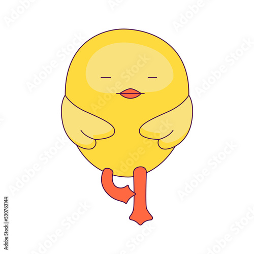 a cute little chicken in the role of a man. new trends in depicting people's lives through simple and funny forms. The chick learned Zen on yoga