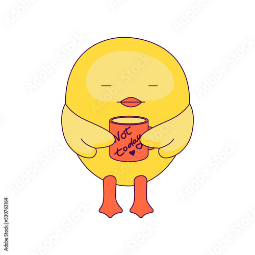 a cute little chicken in the role of a man. new trends in depicting people's lives through simple and funny forms. The chick drinks coffee