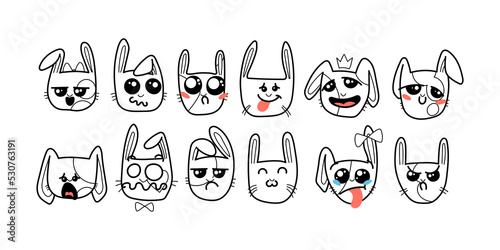 Cute Kawai rabbits. Different expression muzzles bunnies in doodle style. Angry, cheerful, joyful, happy, sick, love, suspicious, playful, laughing kawaii hare