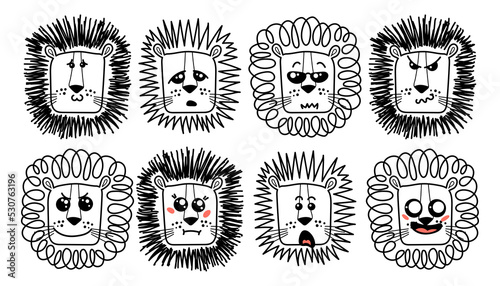 Isolated doodle cute Lion emoticons. Cute set of vector animals with emotions. Cartoon feline, lion for print, children and baby development