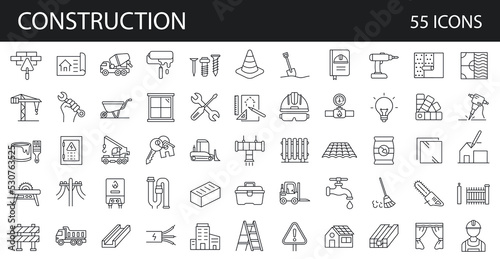 Set of 55 building and construction simple line isolated icon collection. Editable Stroke. Repair, Renovation,  Work Tools,  Materials 