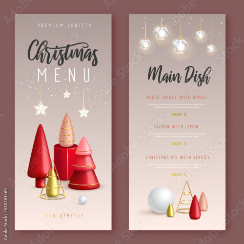 Christmas holiday restaurant menu design with realistic 3D plastic Christmas trees. Merry Christmas and Happy new Year greeting card. Vector illustration