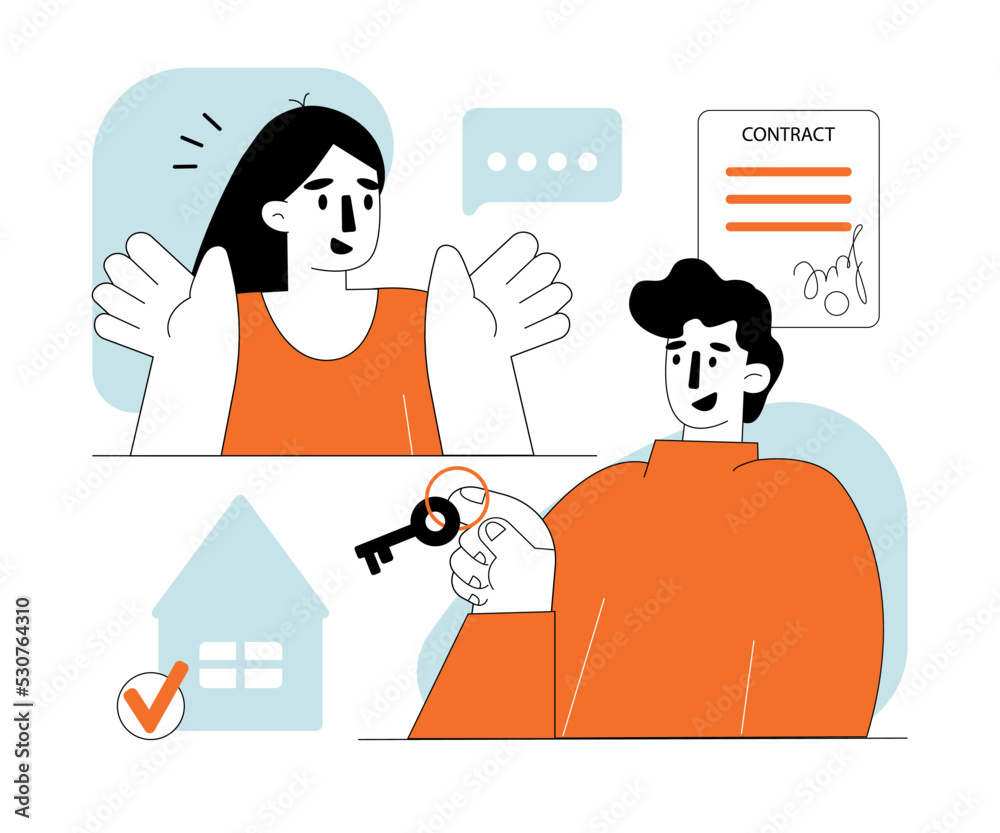 Real estate agent. Real estate business concept of a deal. Concept of Rent Real Estate, Home for Rent. Vector illustration for Web Design, Landing Page. Real estate agent. Real estate business concept of a deal. Concept of Rent Real Estate, Home for Rent. Vector illustration for Web Design, Landing Page.