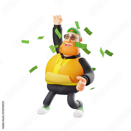 3D illustration. Funny 3D Cartoon Fat Man Throwing Money. a lot of money scattered. raised one hand while smiling happily. 3D Cartoon Character
