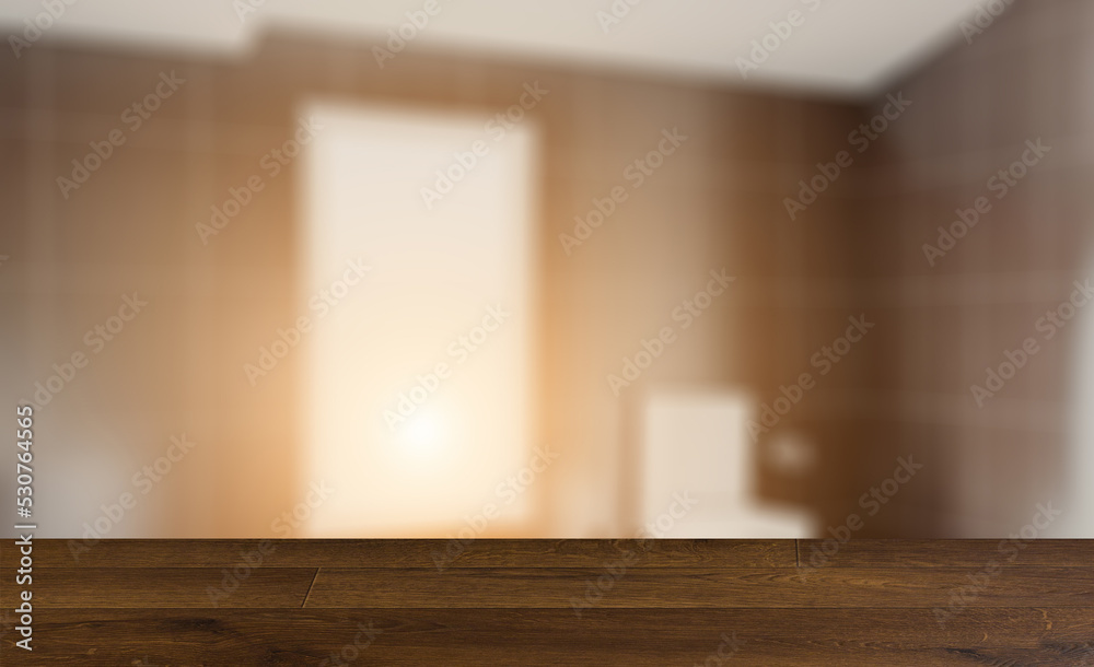 Fototapeta premium Clean and fresh bathroom with natural light. 3D rendering.. Suns. Background with empty wooden table. Flooring.